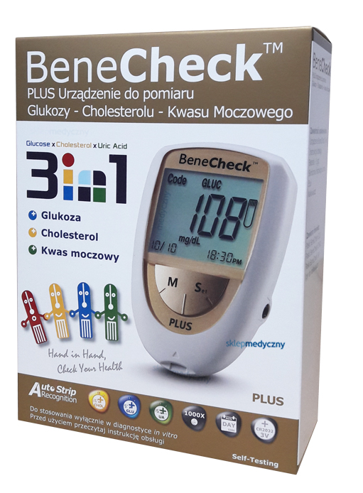 BENECHECK PLUS urządzenie do pomiaru glukozy, kwasu moczowego i cholesterolu - karton